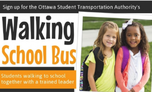 Walking School Bus poster shows two young children wearing backpacks